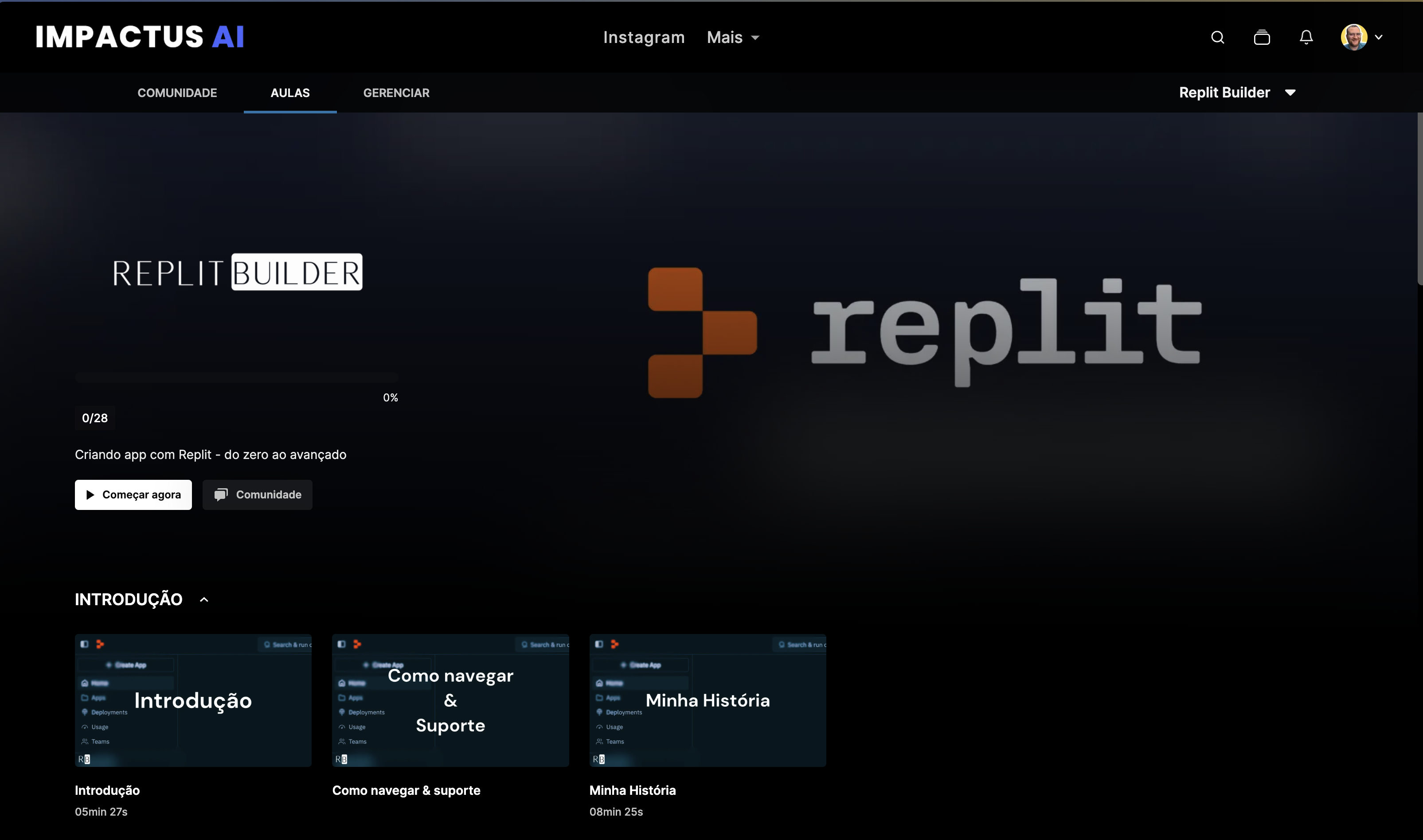 Interface da plataforma IMPACTUS AI - Seção Introdução do curso Replit Builder