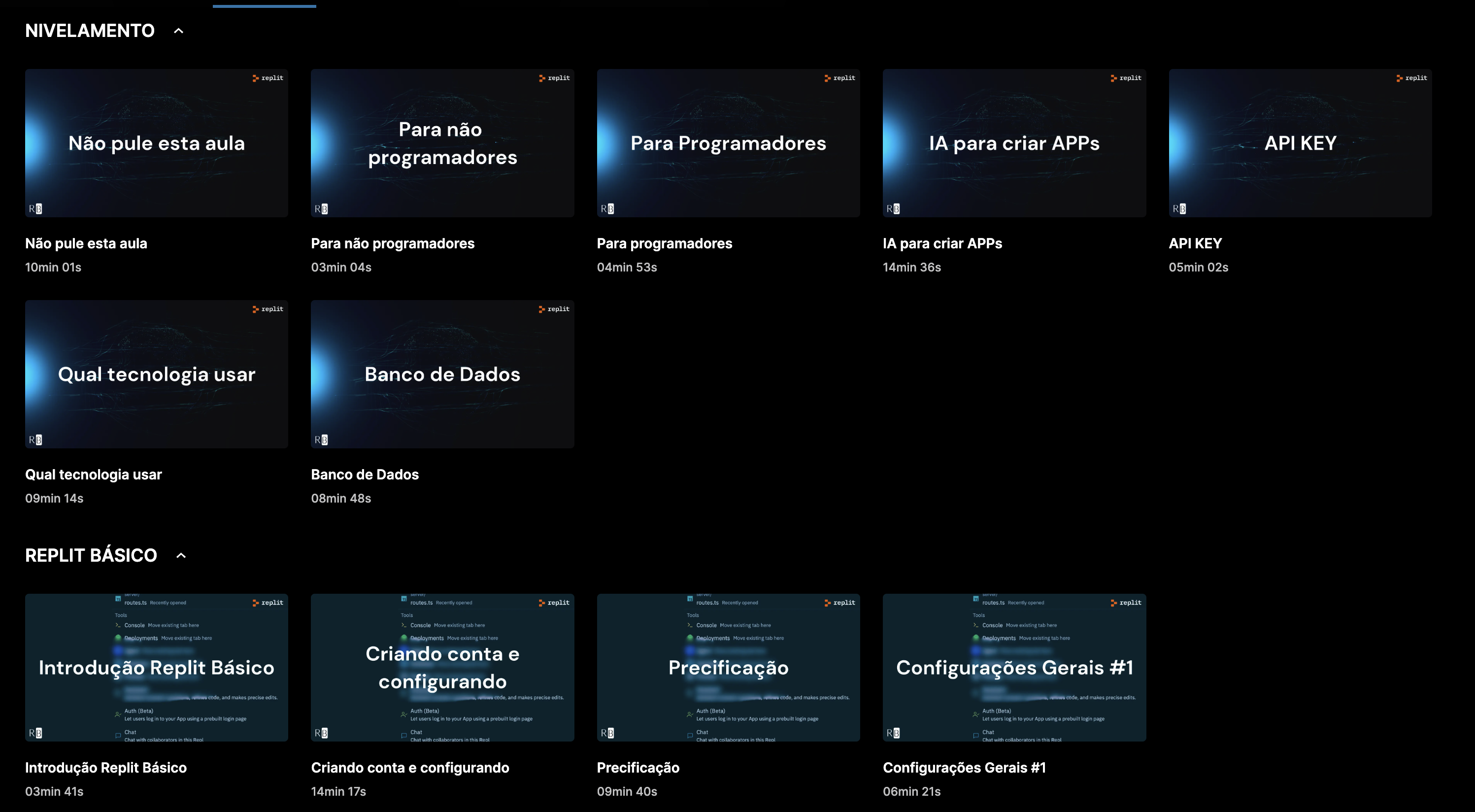 Interface da plataforma - Seções Nivelamento e Replit Básico com aulas detalhadas