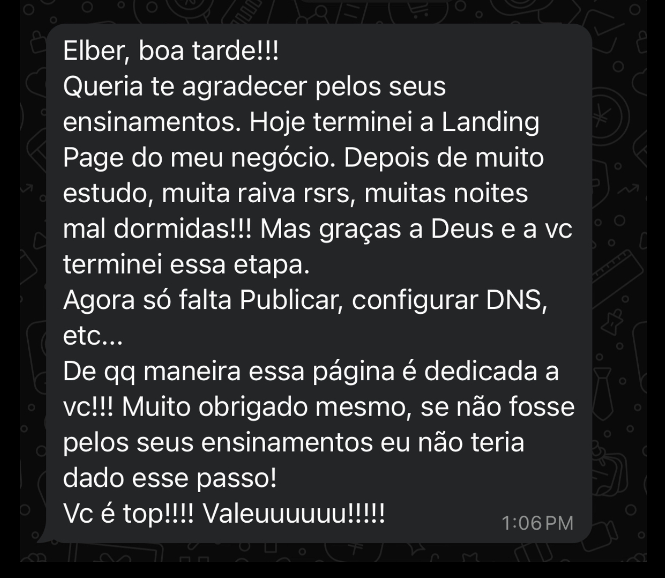 Agradecimento por finalizar landing page do negócio