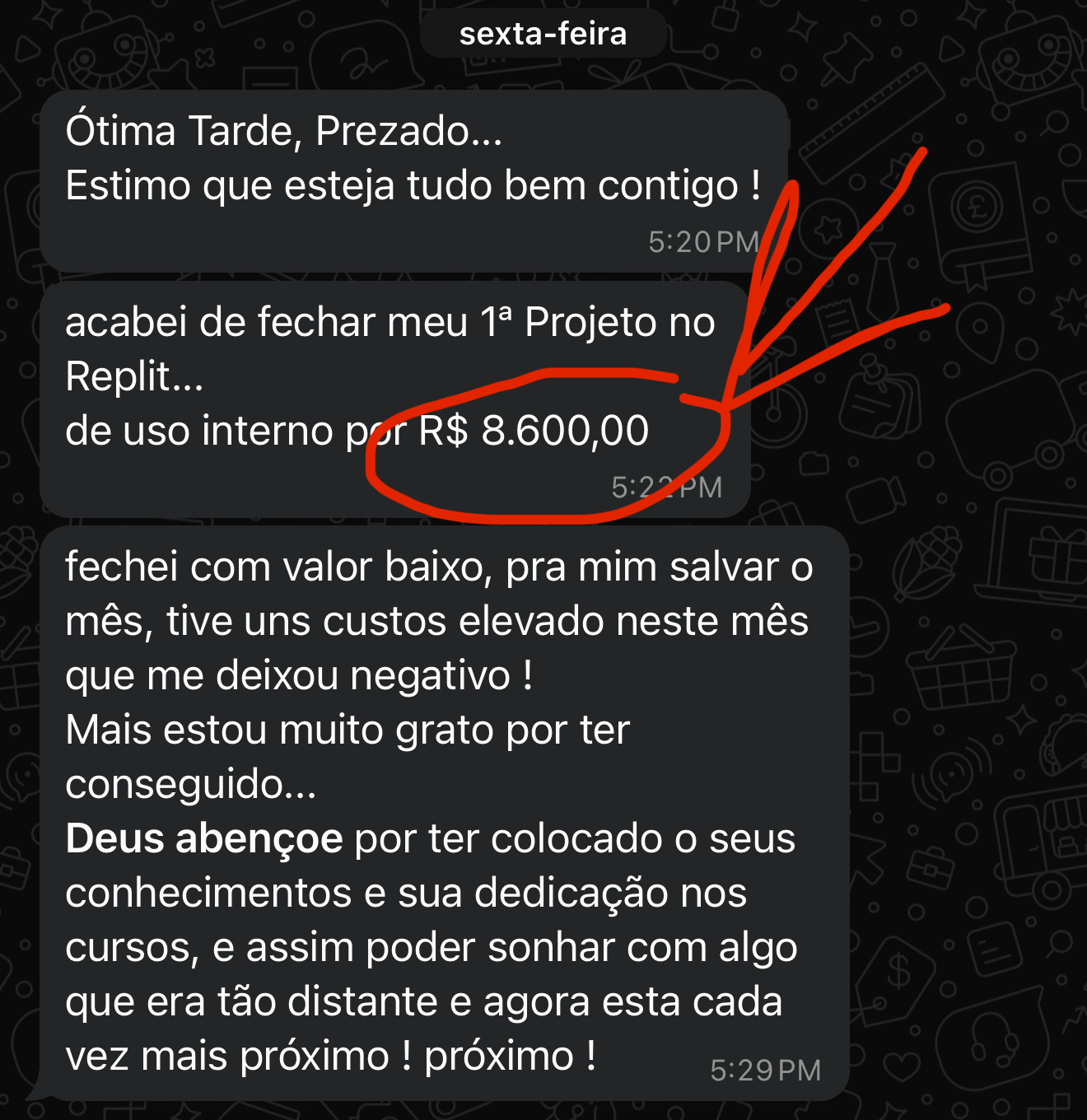 Testemunho sobre primeiro projeto fechado por R$ 8.600